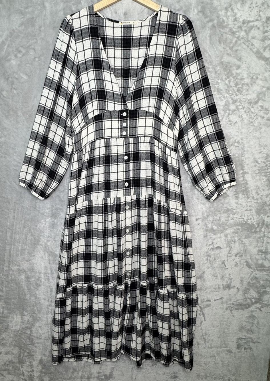 Marine Layer Dress Womens XL Black White Copper Plaid Button Front Tiered Midi